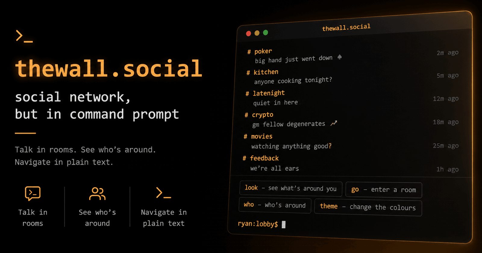 thewall.social, illustrated: a terminal window listing rooms and the commands look, go, who and theme, beside the words "social network, but in command prompt".
